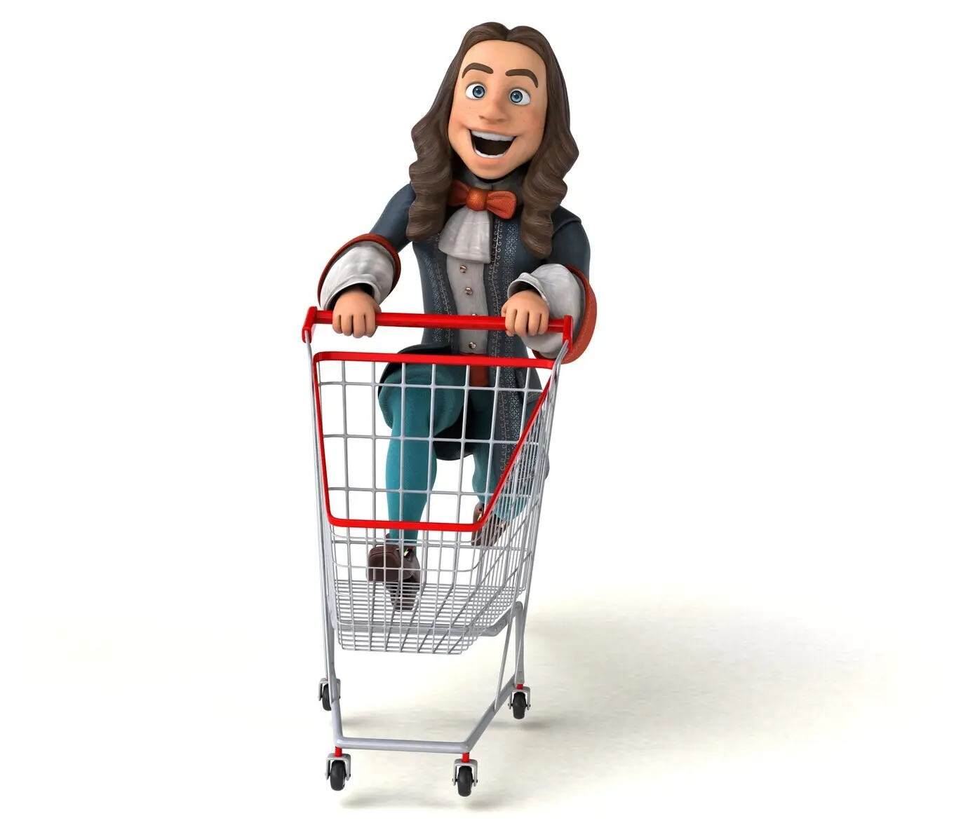 3D-Darstellung eines Zeichentrickmannes in einem historischen Barockkostüm