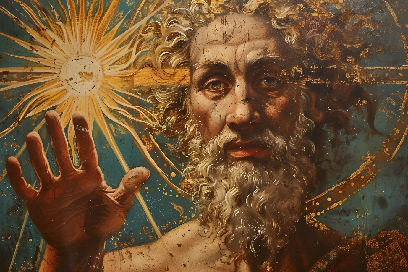 Sonnengott als mächtiger Mann in einer Renaissance-Szenerie dargestellt.